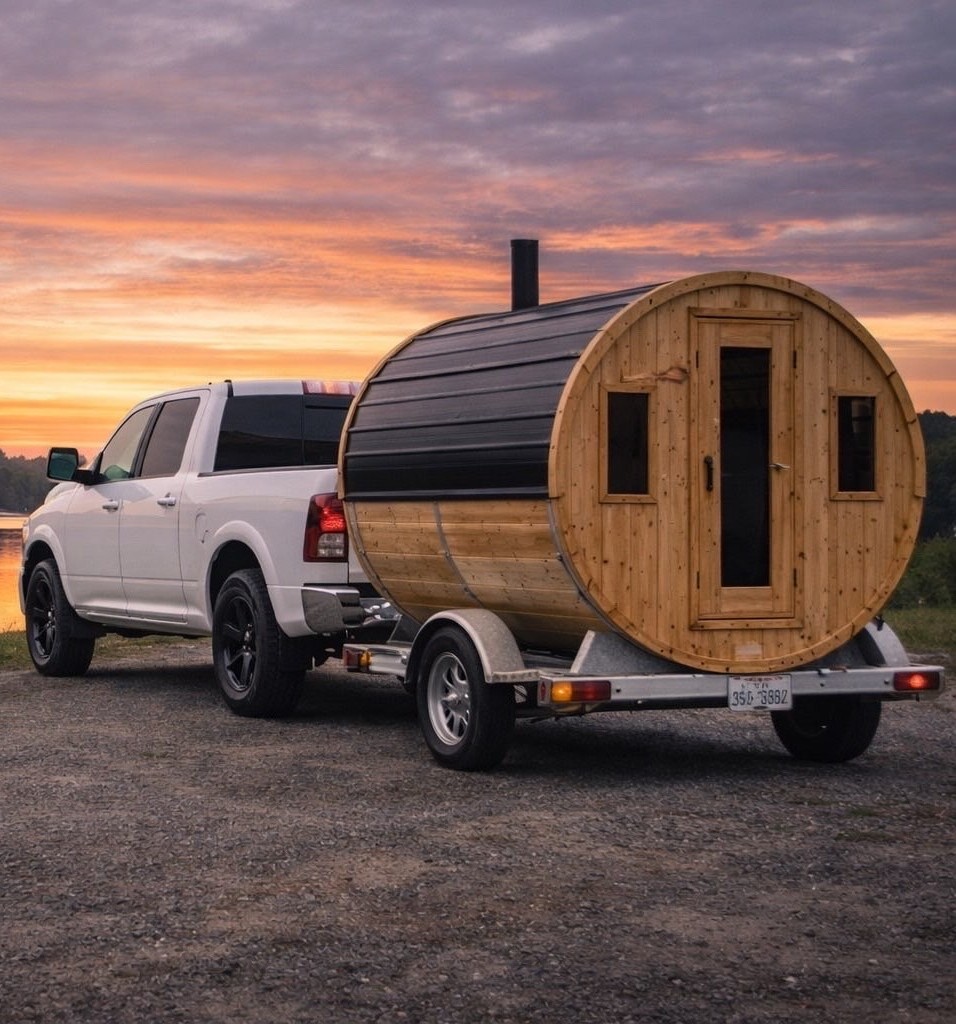 Wood-fired portable sauna trailer set up in a Nova Scotia backyard