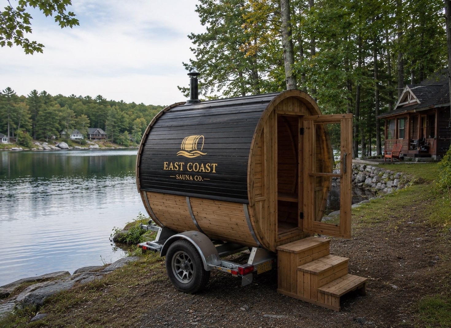 Portable sauna set up at a Nova Scotia cabin for a weekend rental